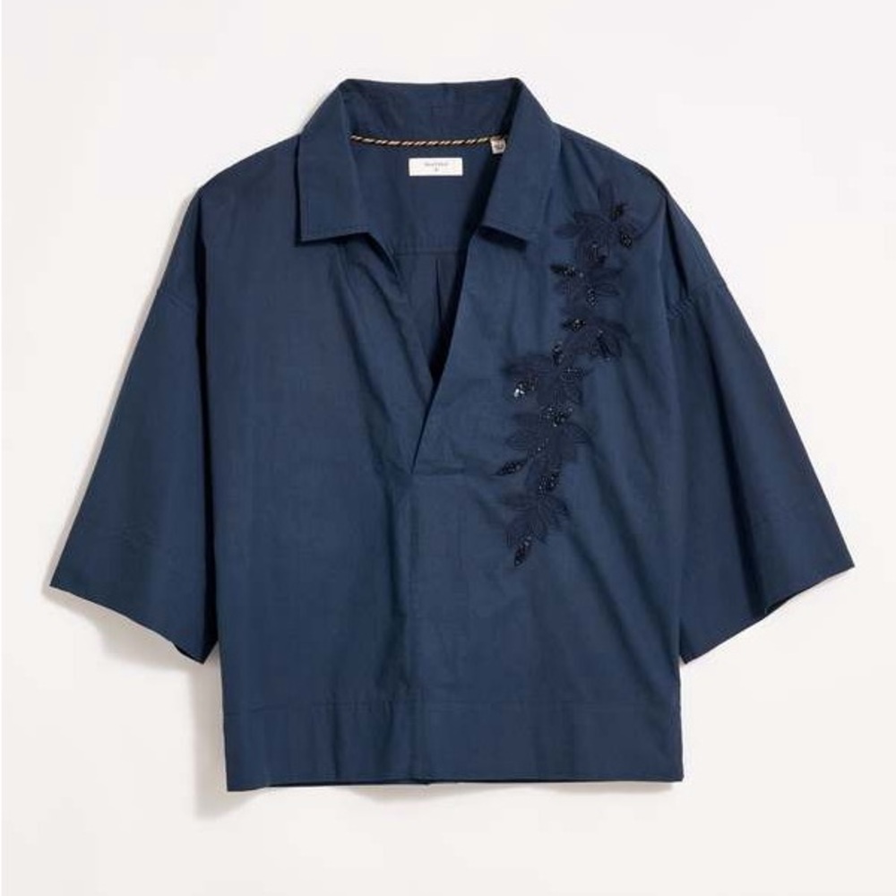 Billy Reid Embellished Cropped Camp Shirt in Carbon Blue – Men’s XXS